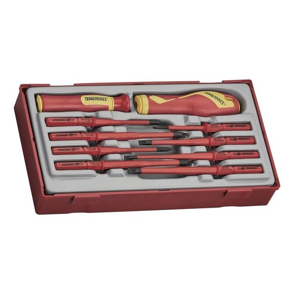 Teng Tools 10 Piece 1000 Volt Slotted, Phillips (PH), Pozidriv (PZ) Interchangeable Blade Screwdriver Set TTV710N